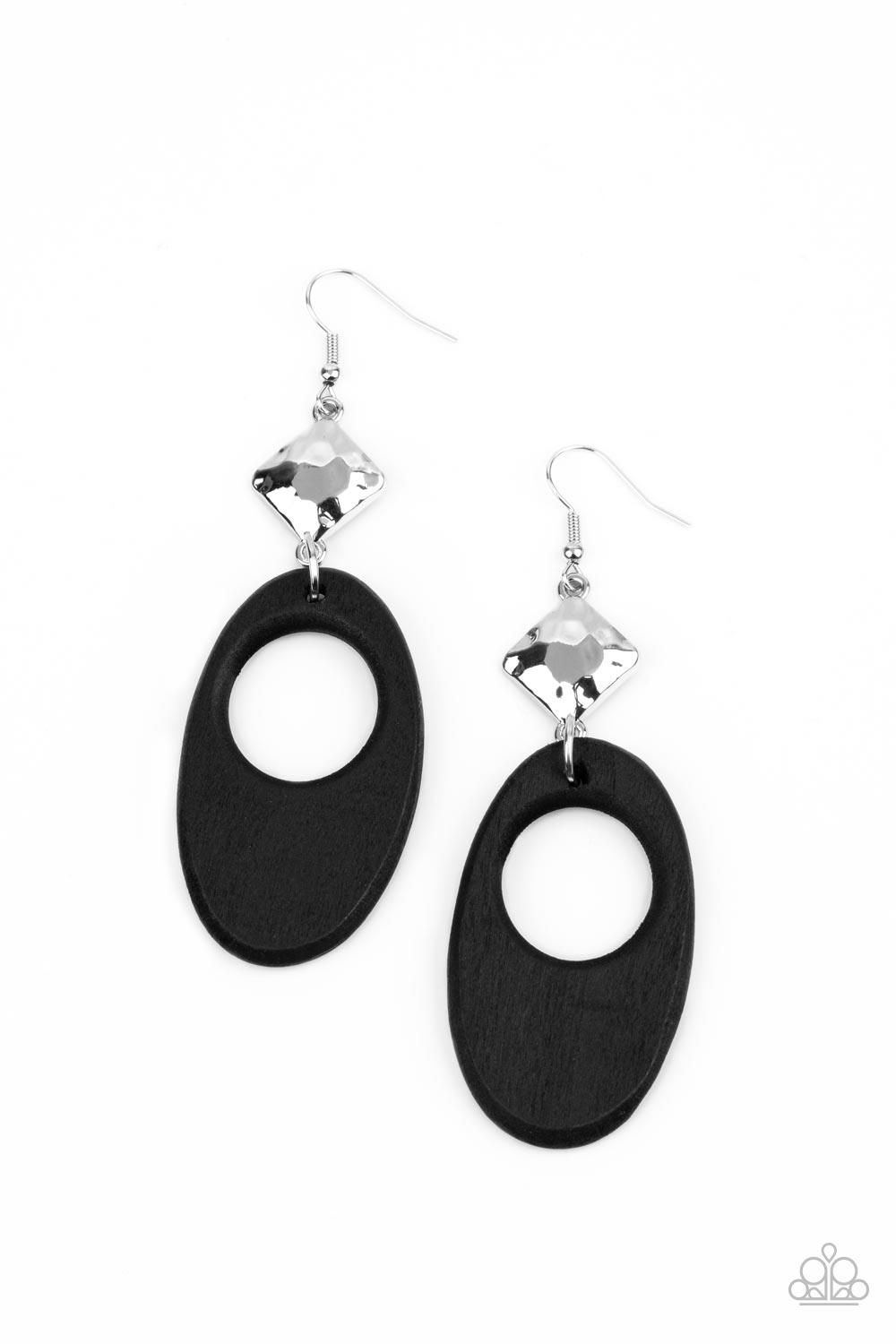 Paparazzi Accessories Retro Reveal - Black An airy black wooden oval frame swings from the bottom of a hammered silver frame, creating a retro lure. Earring attaches to a standard fishhook fitting. Sold as one pair of earrings. Jewelry