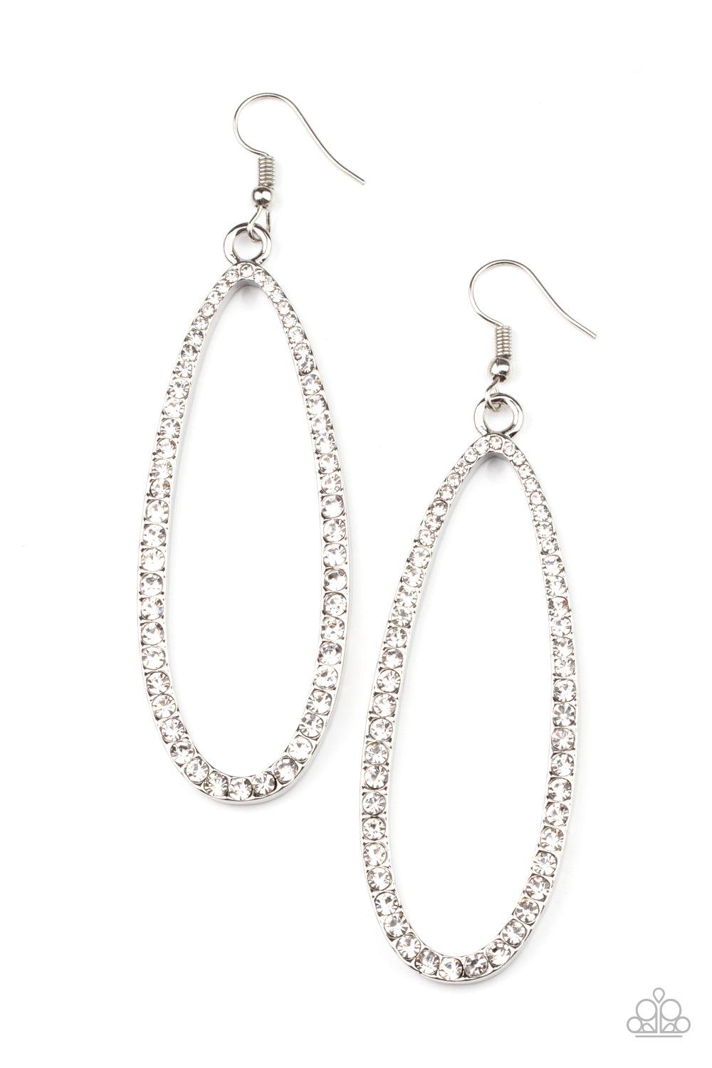 Paparazzi Accessories Dazzling Decorum - White The front of a lengthened silver oval frame is encrusted in glittery white rhinestones, creating a glamorous centerpiece. Earring attaches to a standard fishhook fitting. Sold as one pair of earrings. Jewelry