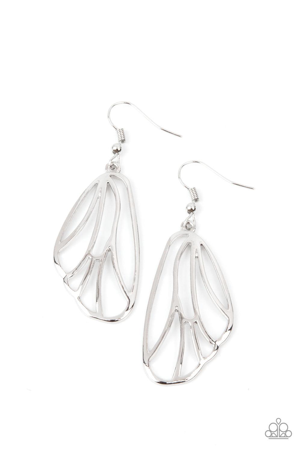 Paparazzi Accessories Turn Into A Butterfly - Silver Shiny silver bars fan out into a pair of delicately scalloped wings, creating a whimsical display. Earring attaches to a standard fishhook fitting. Sold as one pair of earrings. Jewelry