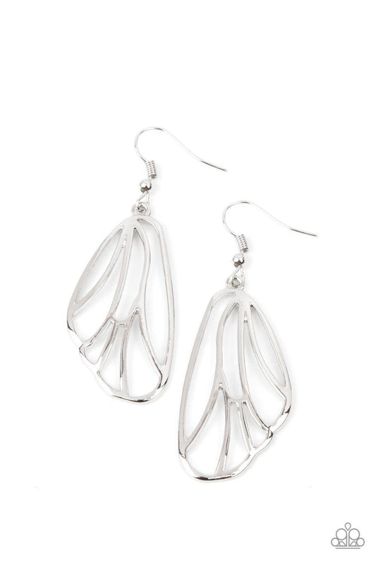 Paparazzi Accessories Turn Into A Butterfly - Silver Shiny silver bars fan out into a pair of delicately scalloped wings, creating a whimsical display. Earring attaches to a standard fishhook fitting. Sold as one pair of earrings. Jewelry