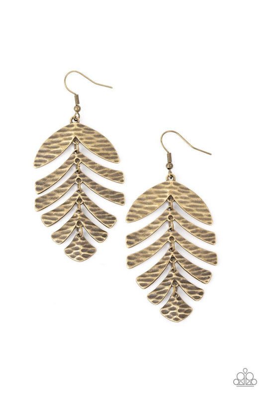 Paparazzi Accessories Palm Lagoon - Brass Rippling with tactile textures, dainty antiqued brass frames link into a dancing palm leaf for a simply seasonal fashion. Earring attaches to a standard fishhook fitting. Sold as one pair of earrings. Jewelry