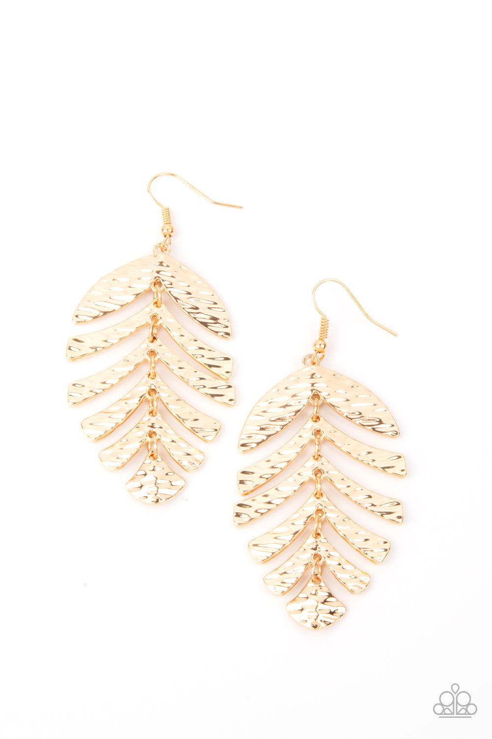 Paparazzi Accessories Palm Lagoon - Gold Rippling with tactile textures, dainty gold frames link into a dancing palm leaf for a simply seasonal fashion. Earring attaches to a standard fishhook fitting. Sold as one pair of earrings. Jewelry