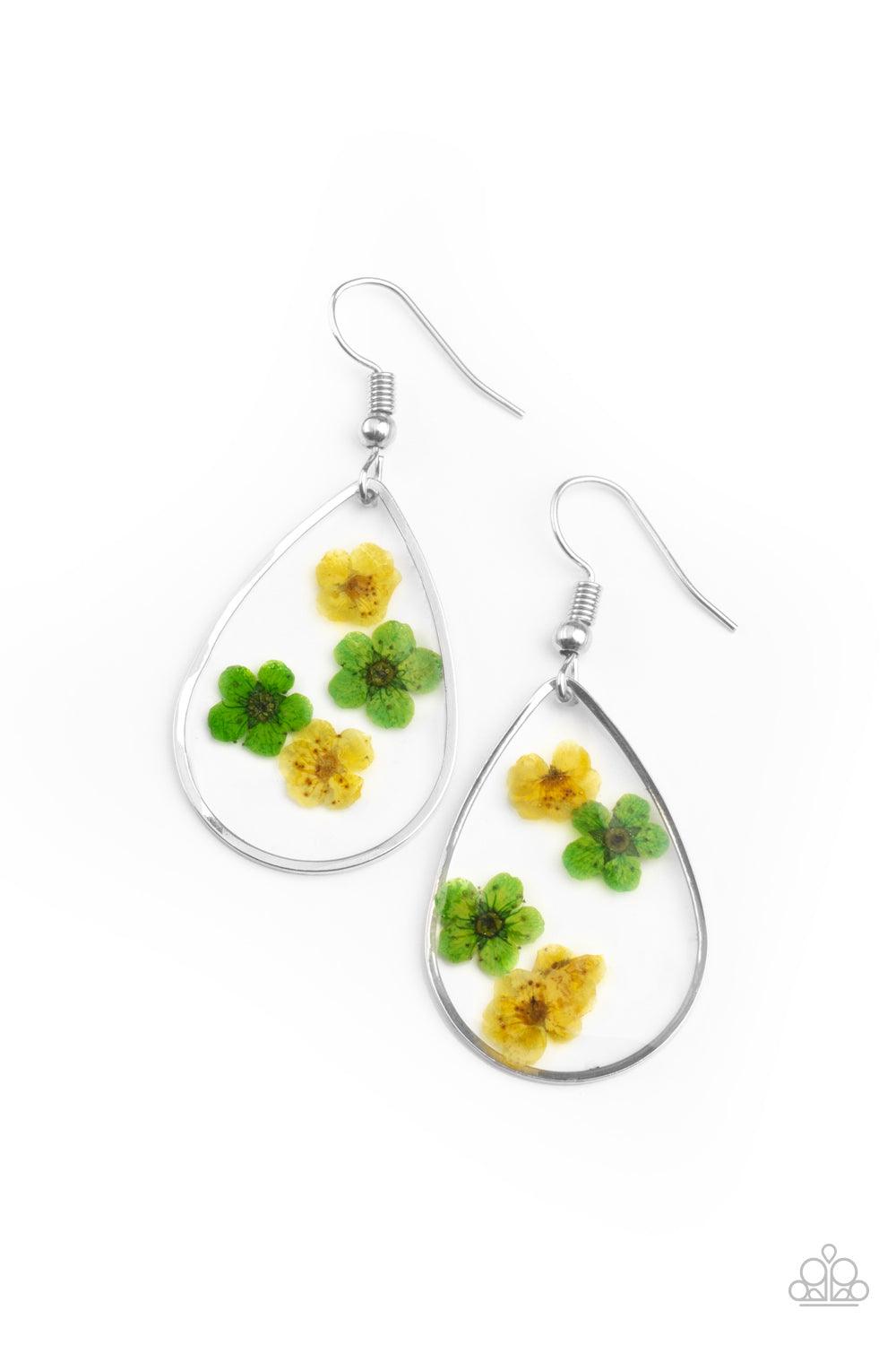 Paparazzi Accessories Perennial Prairie - Yellow Dainty yellow and green flowers are encased in a glassy teardrop, creating a whimsical frame. Earring attaches to a standard fishhook fitting. Sold as one pair of earrings. Jewelry