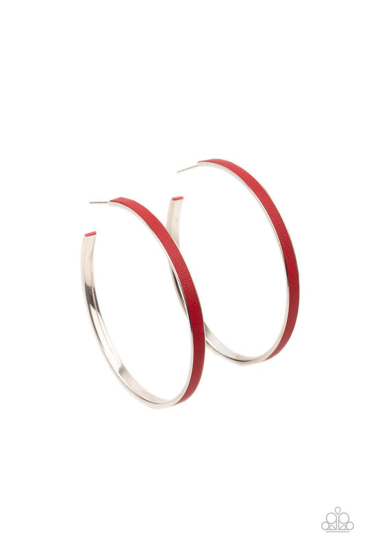 Paparazzi Accessories Fearless Flavor - Red A red leather lace is pressed along the indented spine of a silver hoop, creating a bold pop of color. Earring attaches to a standard post fitting. Hoop measures approximately 2 1/4" in diameter. Sold as one pai