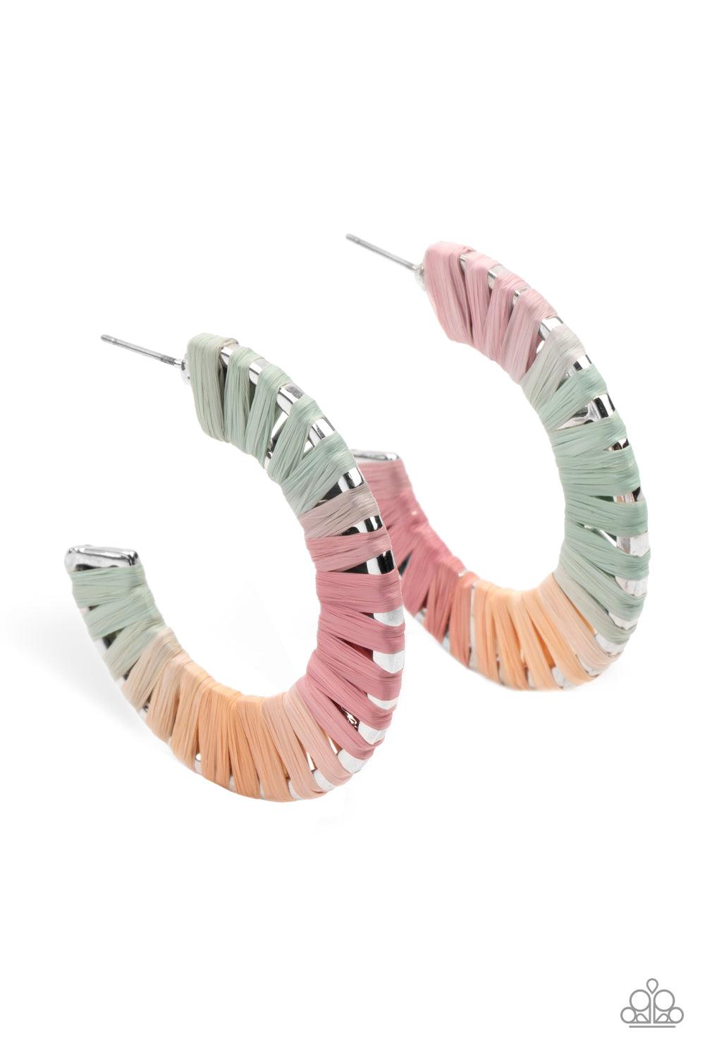 Paparazzi Accessories A Chance of RAINBOWS - Multi Multicolored wicker-like cording wraps around a thick silver hoop, creating a flirty pop of color. Earring attaches to a standard post fitting. Hoop measures approximately 1 1/2" in diameter. Sold as one