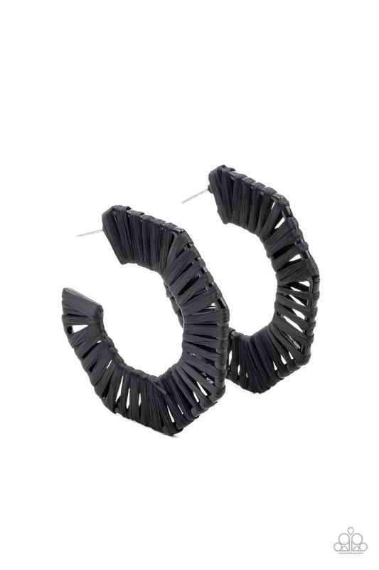 Paparazzi Accessories Fabulously Fiesta - Black Black wicker-like cording is wrapped around a hexagonal hoop, creating a bold pop of color. Earring attaches to a standard post fitting. Hoop measures approximately 2" in diameter. Sold as one pair of hoop e