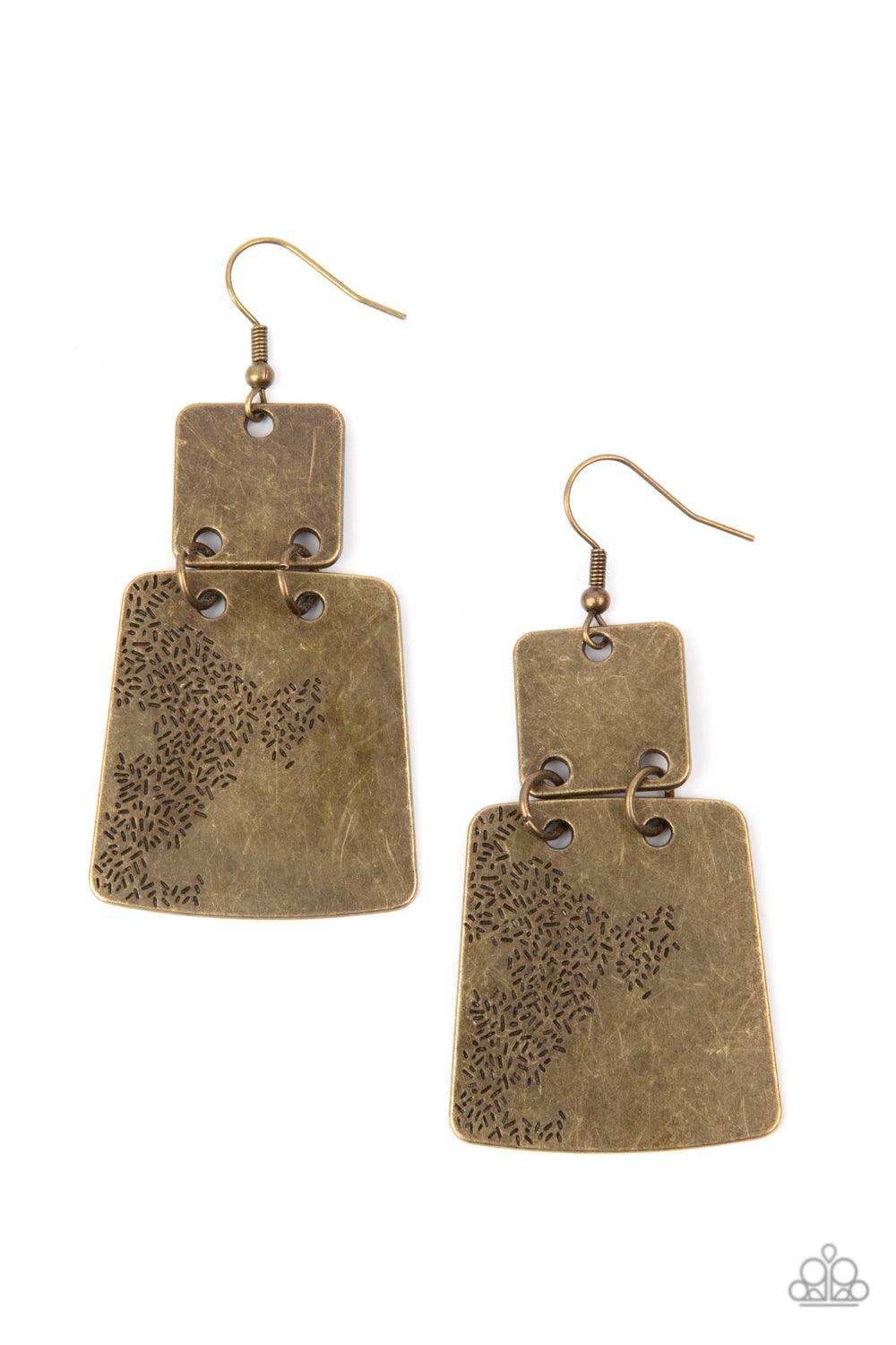 Paparazzi Accessories Tagging Along - Brass Stamped in an abstract pattern, a flared brass plate links to the bottom of a square brass frame, creating a rustic lure. Earring attaches to a standard fishhook fitting. Sold as one pair of earrings. Earrings