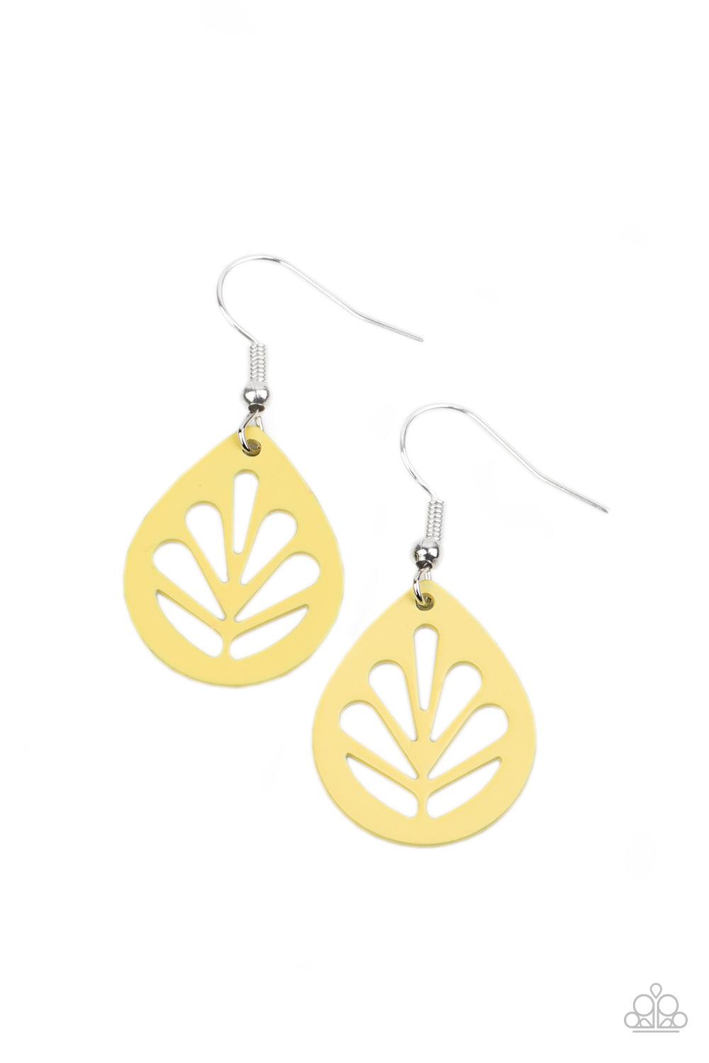 Paparazzi Accessories LEAF Yourself Wide Open - Yellow Painted in a sunny Illuminating finish, a dainty yellow leaf frame is stenciled in airy cutouts for a whimsical seasonal fashion. Earring attaches to a standard fishhook fitting. Sold as one pair of e