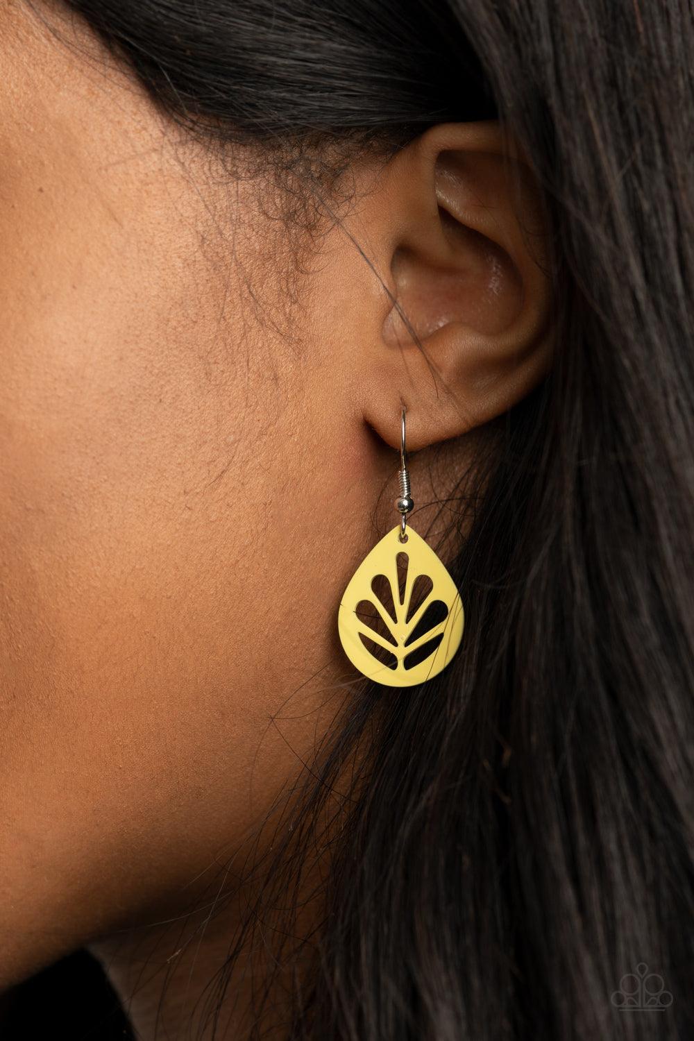 Paparazzi Accessories LEAF Yourself Wide Open - Yellow Painted in a sunny Illuminating finish, a dainty yellow leaf frame is stenciled in airy cutouts for a whimsical seasonal fashion. Earring attaches to a standard fishhook fitting. Sold as one pair of e