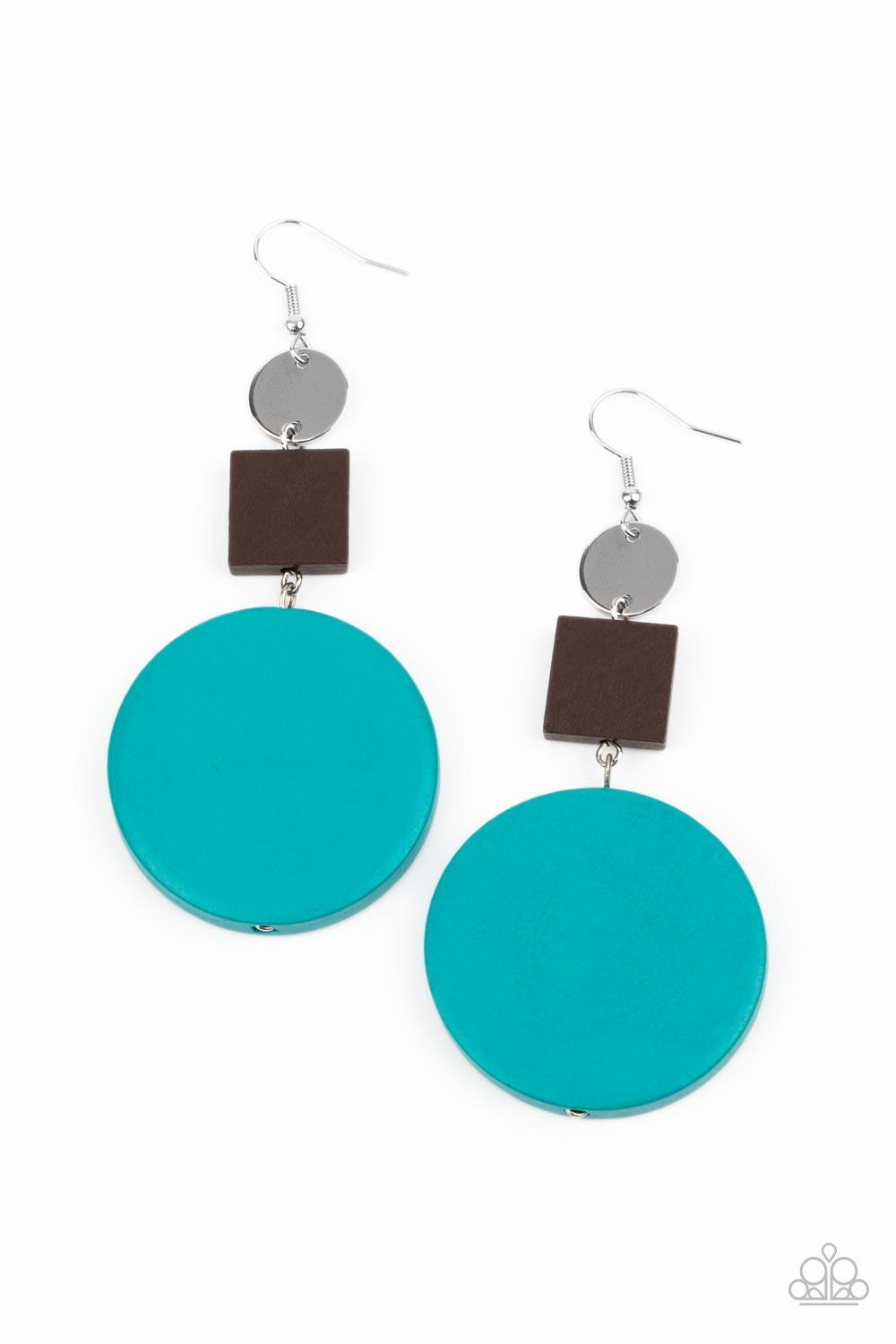 Paparazzi Accessories Modern Materials - Blue A shiny silver disc, brown wooden square, and oversized blue wooden circle delicately link into a colorfully retro lure for a trendsetting finish. Earring attaches to a standard fishhook fitting. Sold as one p