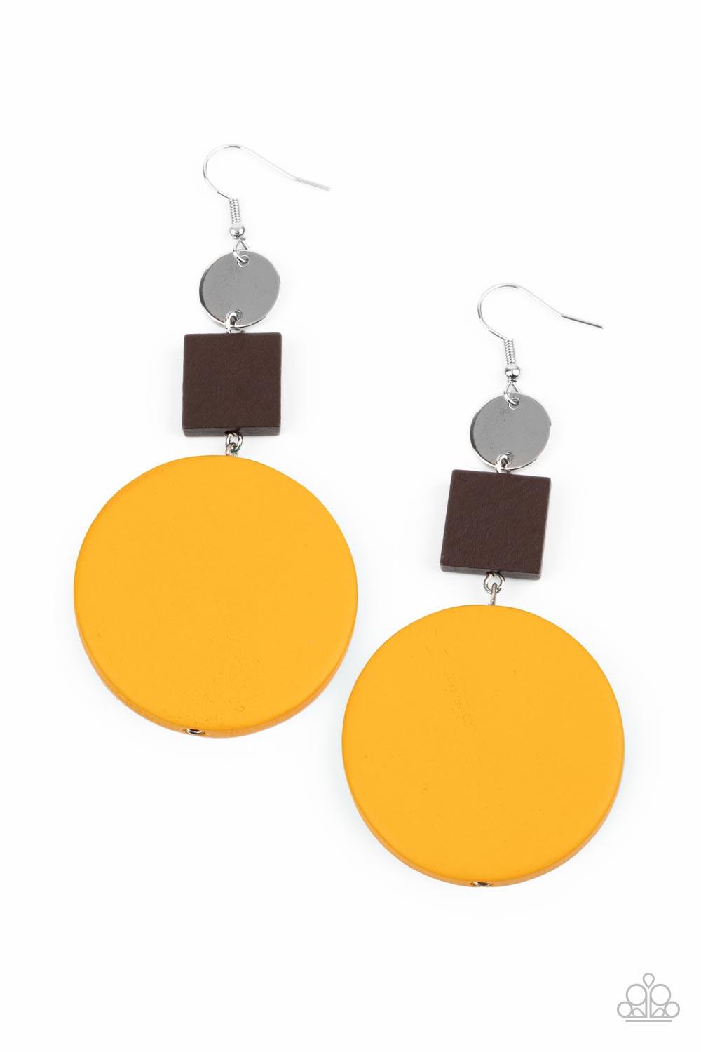 Paparazzi Accessories Modern Materials - Yellow A shiny silver disc, brown wooden square, and oversized yellow wooden circle delicately link into a colorfully retro lure for a trendsetting finish. Earring attaches to a standard fishhook fitting. Sold as o