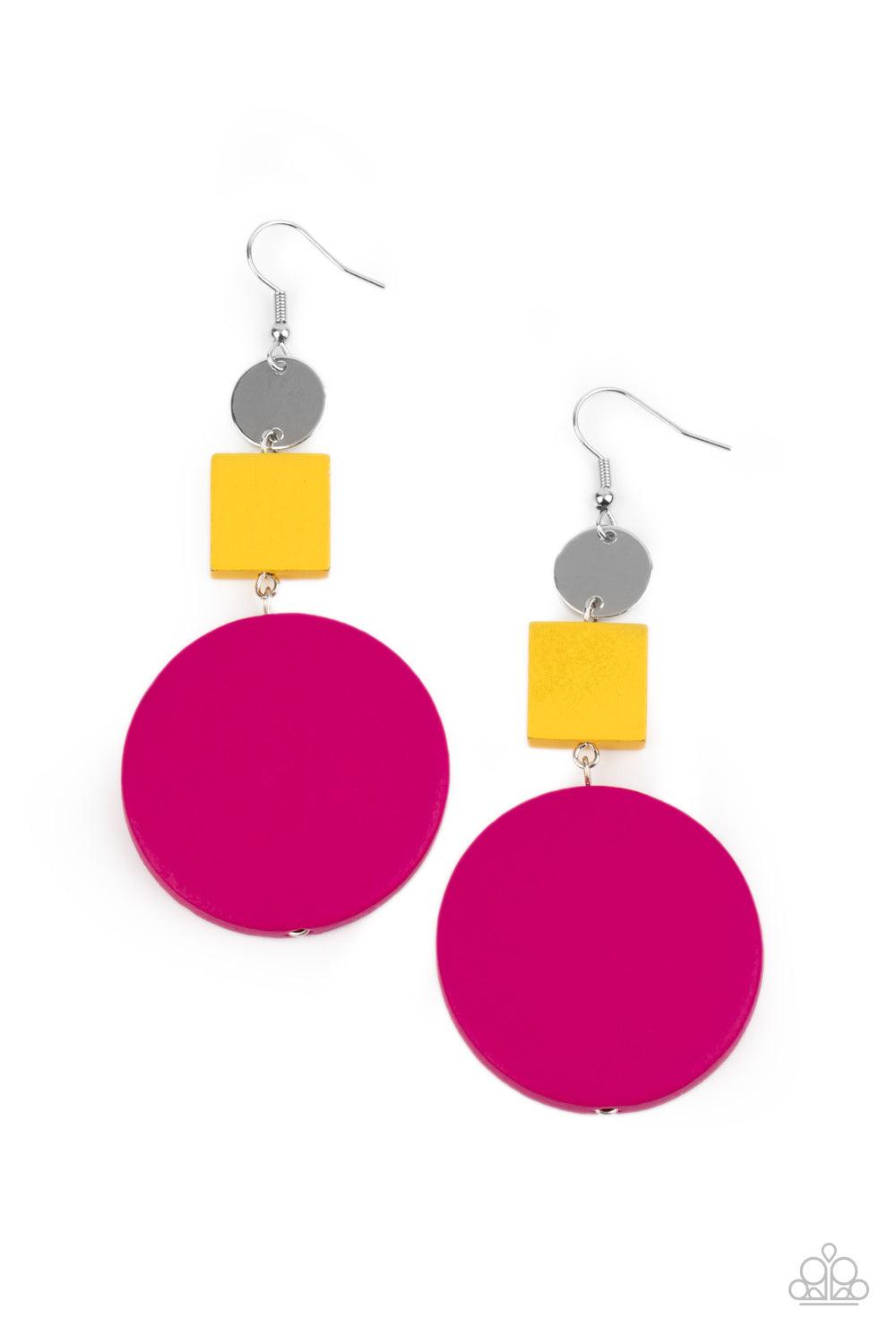 Paparazzi Accessories Modern Materials - Multi A shiny silver disc, yellow wooden square, and oversized pink wooden circle delicately link into a colorfully retro lure for a trendsetting finish. Earring attaches to a standard fishhook fitting. Sold as one