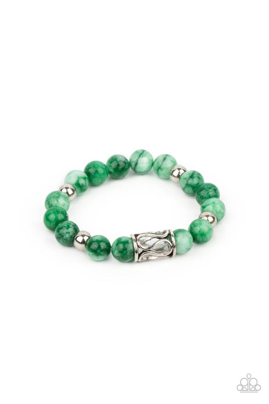Paparazzi Accessories Soothes The Soul - Green Infused with an ornate silver centerpiece, an earthy collection of silver and jade beads are threaded along a stretchy band around the wrist for a seasonal flair. Sold as one individual bracelet. Bracelets