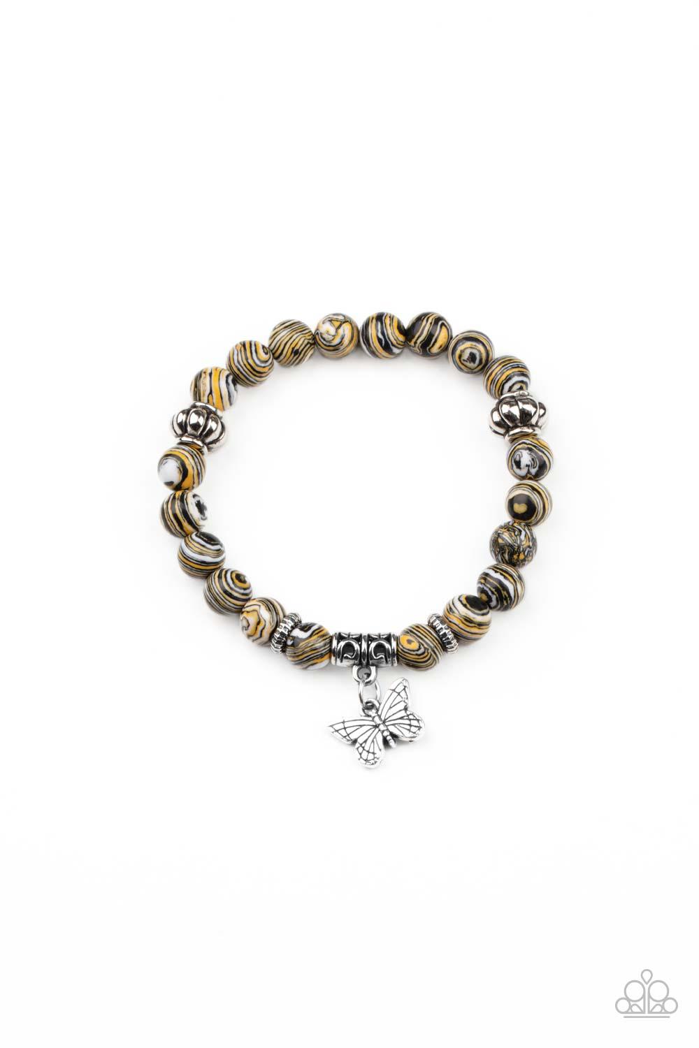 Paparazzi Accessories Butterfly Wishes - Yellow Swirling with yellow, black, and white accents, colorful stone beads and ornate silver accents are threaded along stretchy bands around the wrist. A dainty silver butterfly charm dangles from the display, ad