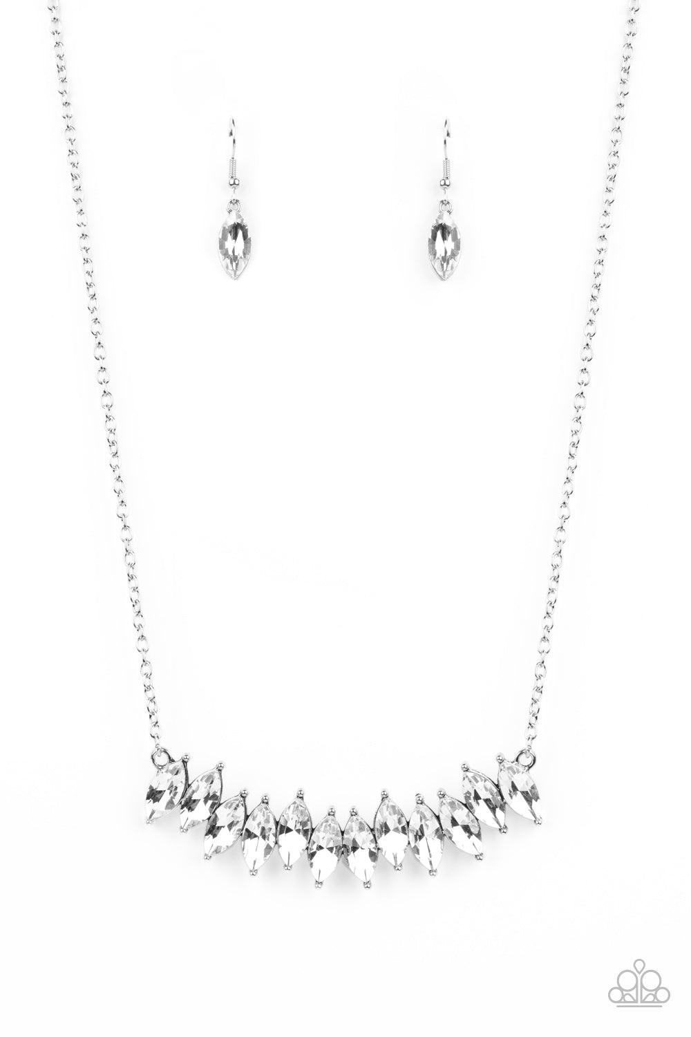 Paparazzi Accessories Icy Intensity - White A regal row of marquise cut white rhinestones stagger below the collar, coalescing into an icy pendant. Features an adjustable clasp closure. Sold as one individual necklace. Includes one pair of matching earrin