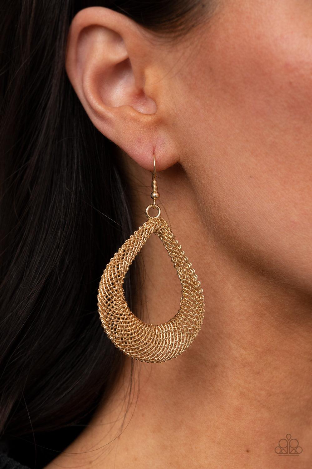 Paparazzi Accessories A Hot MESH - Gold Mesh-like gold chain frames delicately attach into a 3-dimensional teardrop, creating an intense industrial display. Earring attaches to a standard fishhook fitting. Sold as one pair of earrings. Earrings