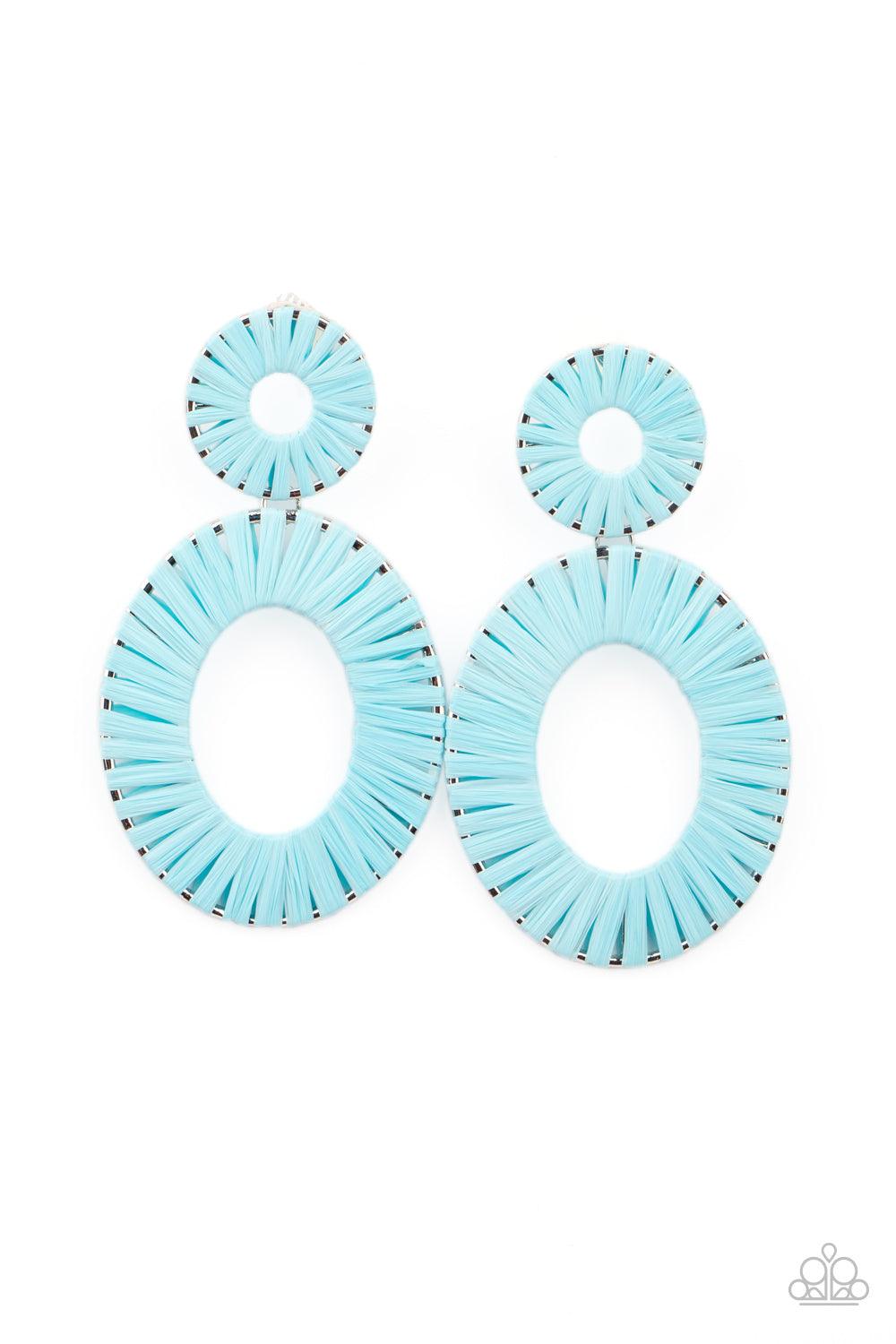 Paparazzi Accessories Foxy Flamenco - Blue Wicker-like Cerulean accents wrap around an oversized silver oval and dainty circular frame, linking into a colorful lure. Earring attaches to a standard post fitting. Sold as one pair of post earrings. Earrings