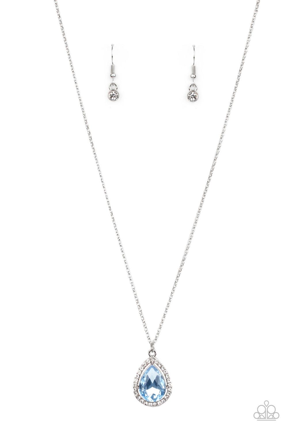 Paparazzi Accessories Duchess Decorum - Blue An oversized Cerulean rhinestone teardrop is pressed into the center of a silver frame bordered in white rhinestones, creating a glamorous pendant below the collar. Features an adjustable clasp closure. Sold as