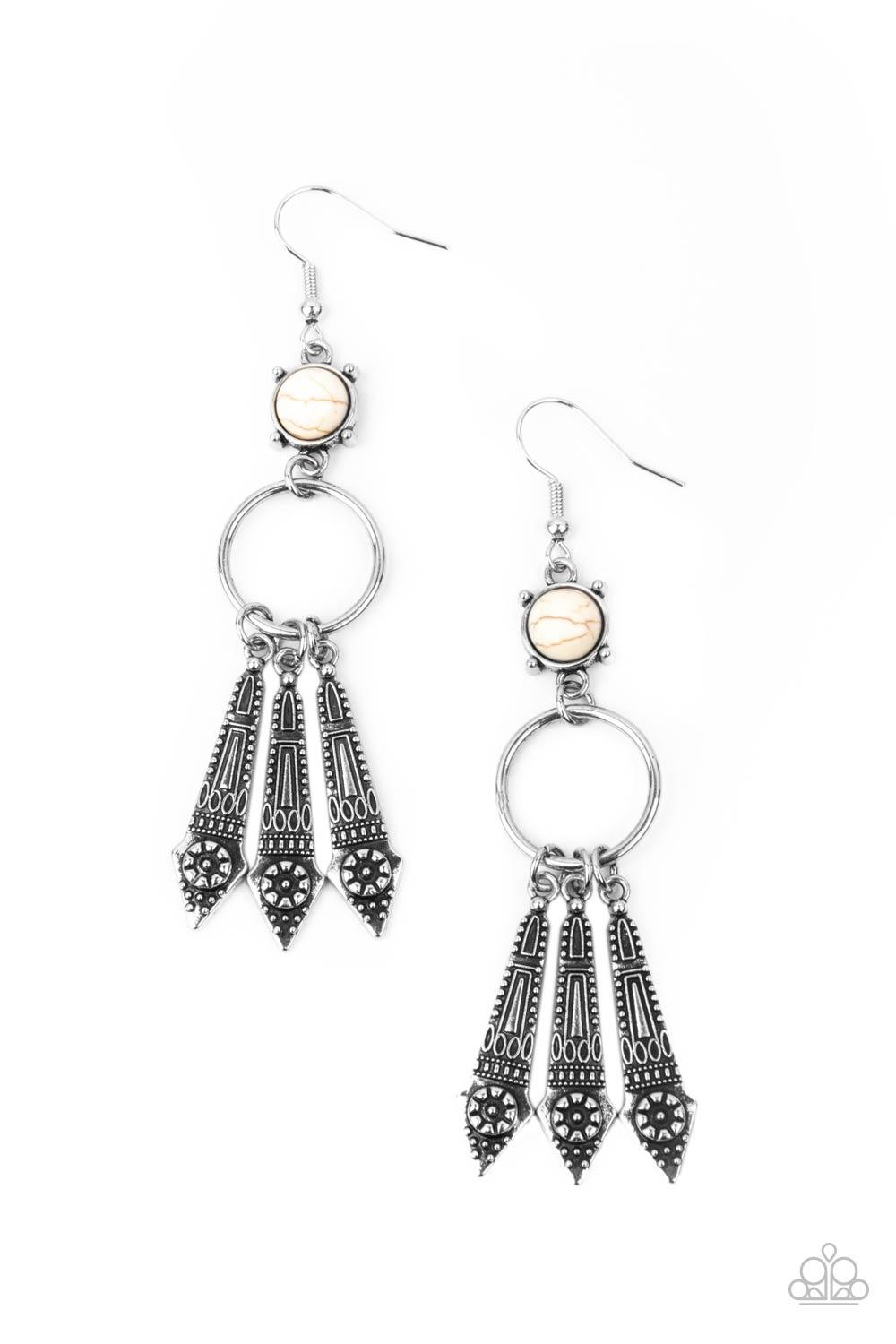 Paparazzi Accessories Prana Paradise - White Embellished with dainty flowers, flared silver bars glide along the bottom of a dainty silver ring that attaches to a white stone fitting, creating a whimsical lure. Earring attaches to a standard fishhook fitt