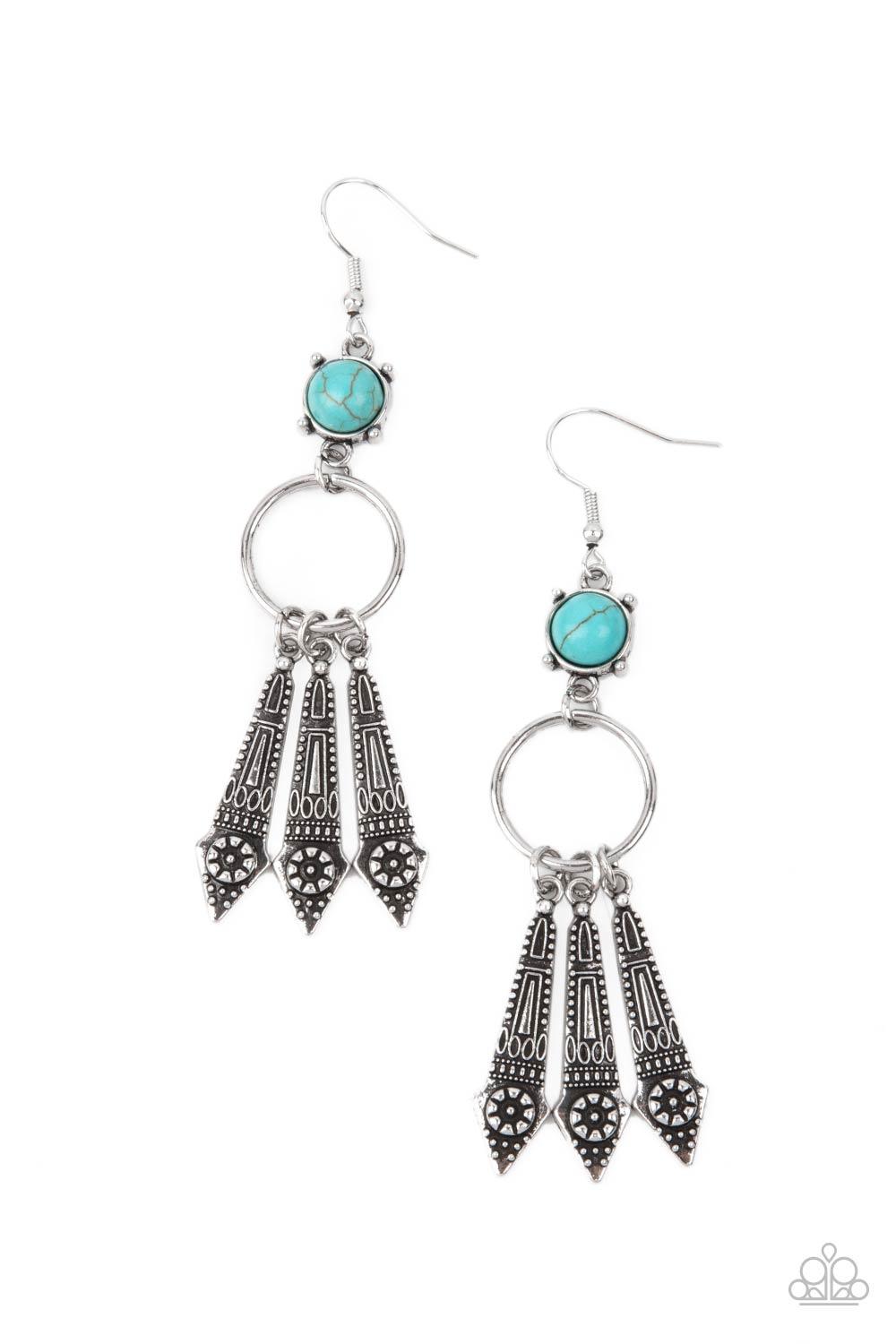 Paparazzi Accessories Prana Paradise - Blue Embellished with dainty flowers, flared silver bars glide along the bottom of a dainty silver ring that attaches to a turquoise stone fitting, creating a whimsical lure. Earring attaches to a standard fishhook f