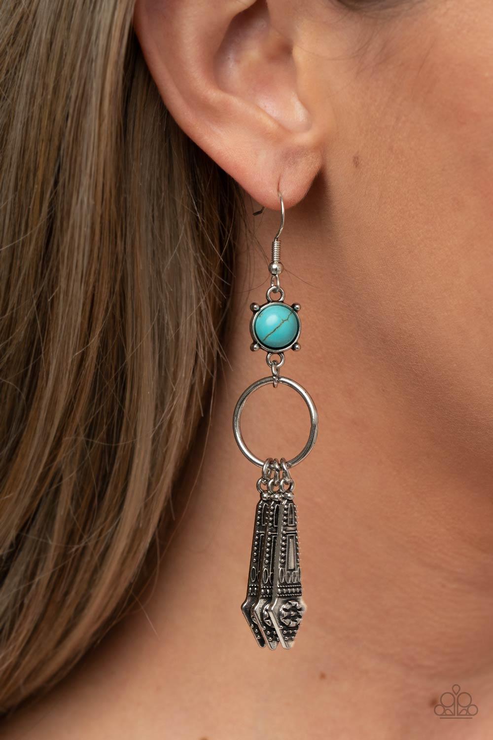 Paparazzi Accessories Prana Paradise - Blue Embellished with dainty flowers, flared silver bars glide along the bottom of a dainty silver ring that attaches to a turquoise stone fitting, creating a whimsical lure. Earring attaches to a standard fishhook f
