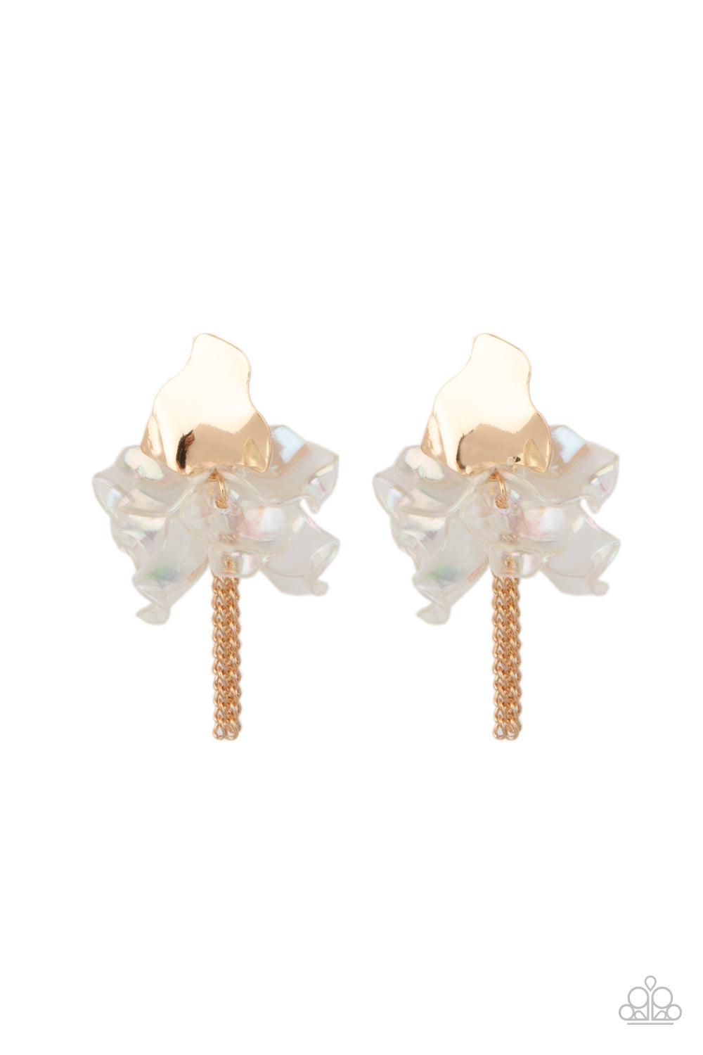 Paparazzi Accessories Harmonically Holographic - Gold Dainty gold chains stream out from the bottom of iridescent acrylic petal-like frames that attach to an asymmetrical gold frame, creating an enchanting cluster. Earring attaches to a standard post fitt