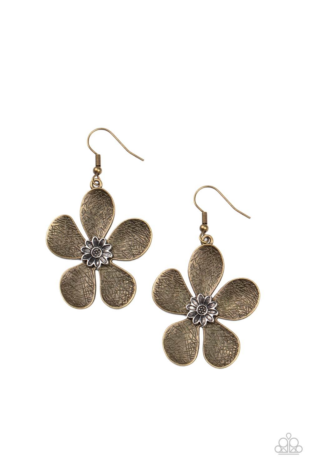 Paparazzi Accessories Fresh Florals - Brass Rustically etched brass petals bloom from a silver floral adorned center, creating a whimsical display. Earring attaches to a standard fishhook fitting. Sold as one pair of earrings. Jewelry