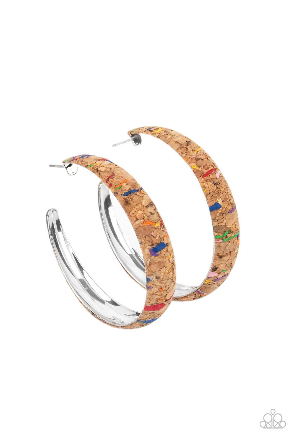 Paparazzi Accessories A CORK In The Road - Multi A cork lined silver hoop is splattered in multicolored paint, creating a colorful display. Hoop measures approximately 2" in diameter. Earring attaches to a standard post fitting. Sold as one pair of hoop e