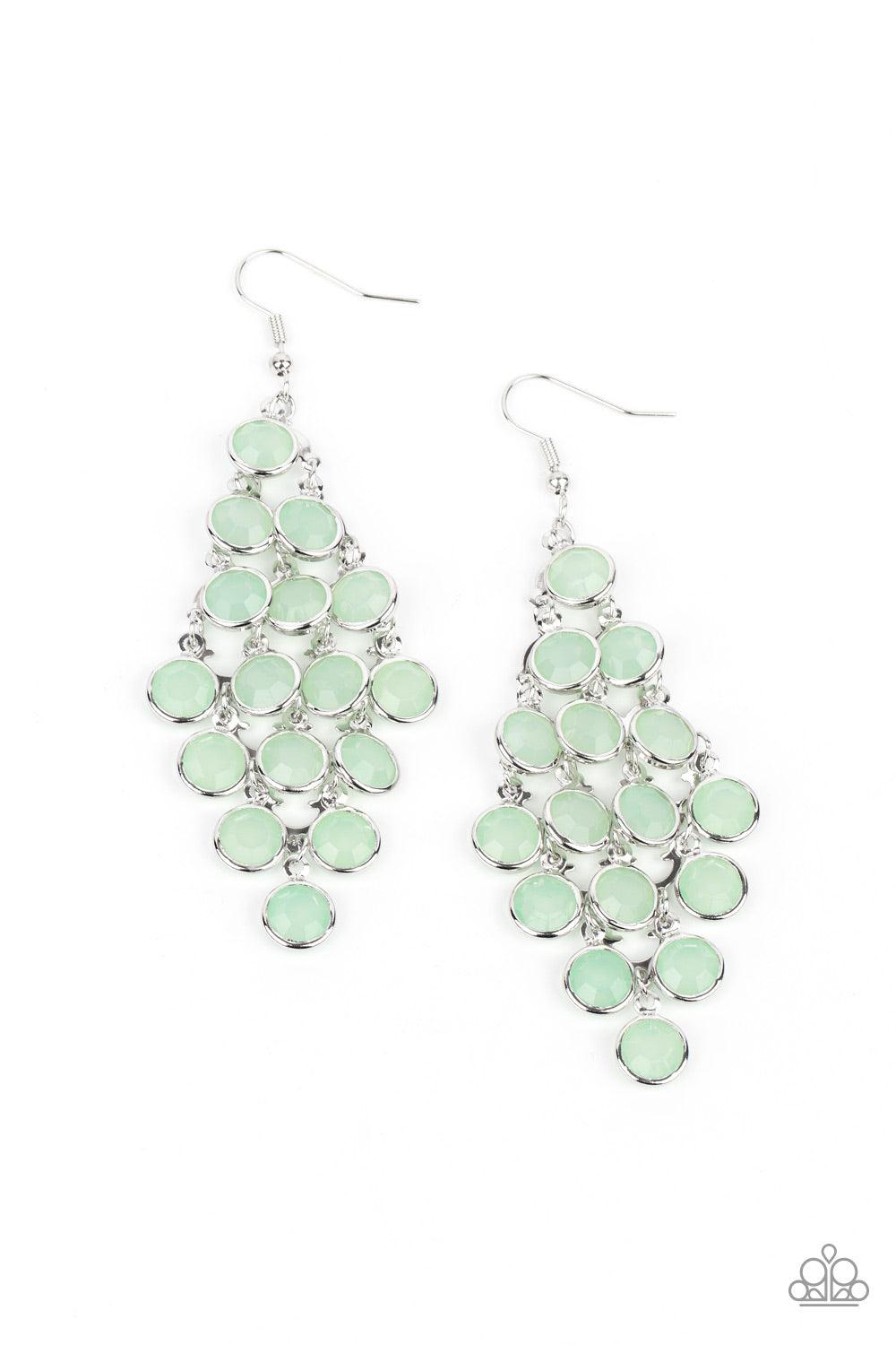 Paparazzi Accessories With All DEW Respect - Green Encased in sleek silver fittings, a crystal-like collection of Green Ash gems trickle from a silver netted backdrop, creating a dewy display. Earring attaches to a standard fishhook fitting. Sold as one p