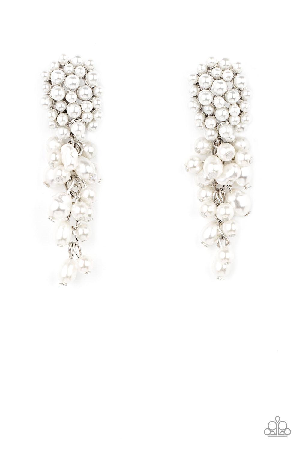 Paparazzi Accessories Fabulously Flattering - White Featuring imperfect finishes, a bubbly tassel of white pearls trickles from the bottom of a pearl encrusted silver fitting for a timeless look. Earring attaches to a standard post fitting. Sold as one pa