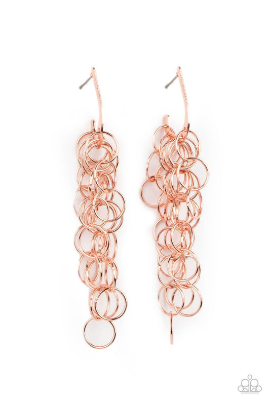 Paparazzi Accessories Long Live The Rebels - Copper Strands of shiny copper links cascade from the bottom of a dainty hook shaped hoop, creating a rebellious fringe. Hoop measures approximately 1/2" in diameter. Earring attaches to a standard post fitting