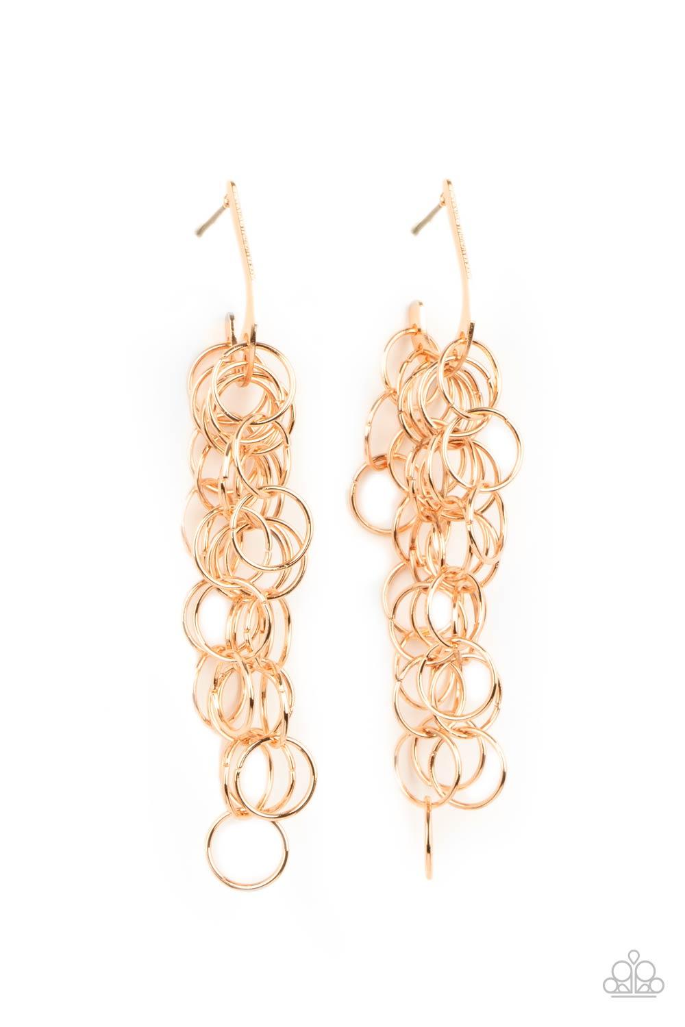 Paparazzi Accessories Long Live The Rebels - Gold Strands of shiny gold links cascade from the bottom of a dainty hook shaped hoop, creating a rebellious fringe. Hoop measures approximately 1/2" in diameter. Earring attaches to a standard post fitting. So