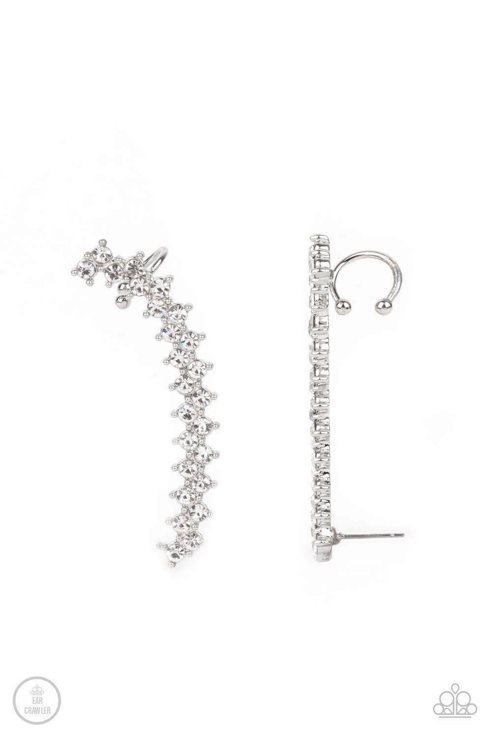 Paparazzi Accessories Let There Be LIGHTNING - White Encased in studded silver fittings, pairs of glassy white rhinestones stack into a zigzagging frame up the ear for an electrifying fashion. Features a dainty cuff attached to the top for a secure fit. S