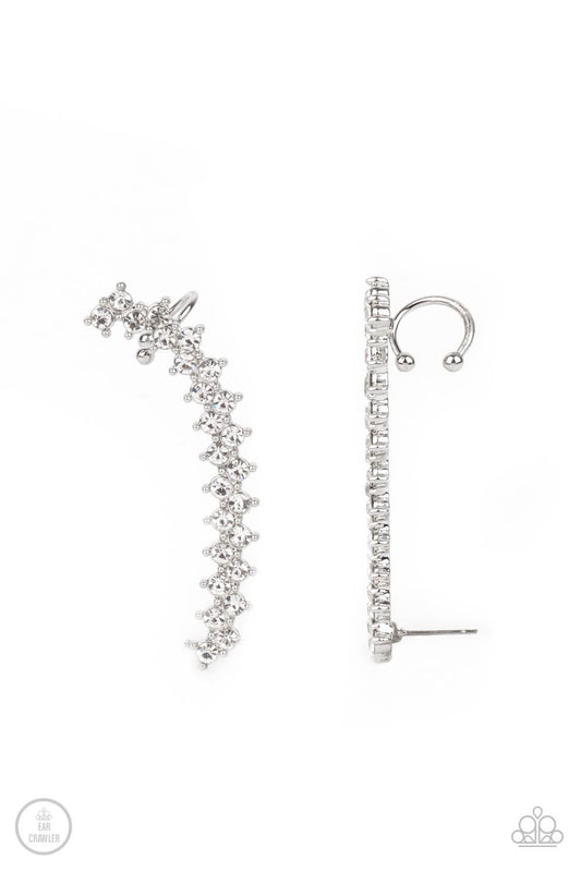 Paparazzi Accessories Let There Be LIGHTNING - White Encased in studded silver fittings, pairs of glassy white rhinestones stack into a zigzagging frame up the ear for an electrifying fashion. Features a dainty cuff attached to the top for a secure fit. S