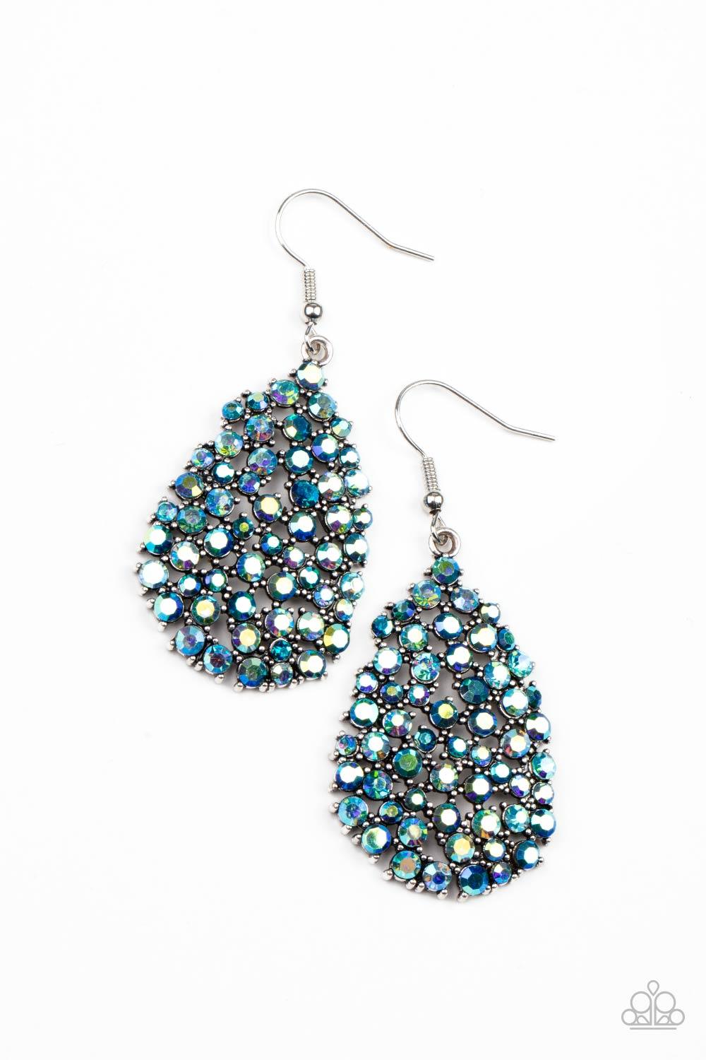 Paparazzi Accessories Daydreamy Dazzle - Multi Featuring studded silver fittings, a smoldering collection of iridescent rhinestones coalesce into a dazzling teardrop frame. Earring attaches to a standard fishhook fitting. Sold as one pair of earrings. Jew