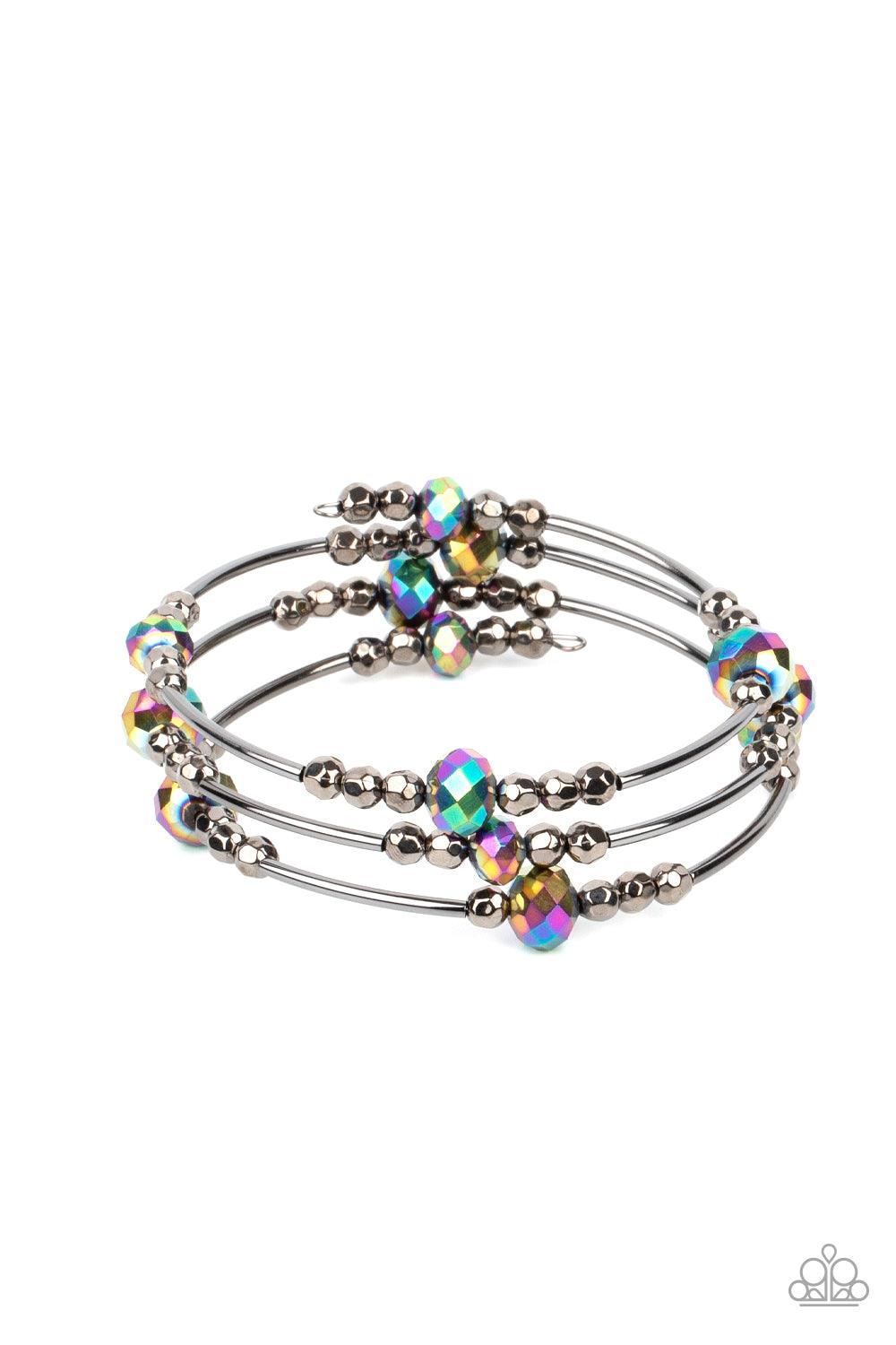 Paparazzi Accessories Showy Shimmer - Multi A shimmery collection of dainty gunmetal beads, oil spill crystal-like accents, and gunmetal rods are threaded along a coiled wire around the wrist, creating a stellar infinity wrap bracelet. Sold as one individ