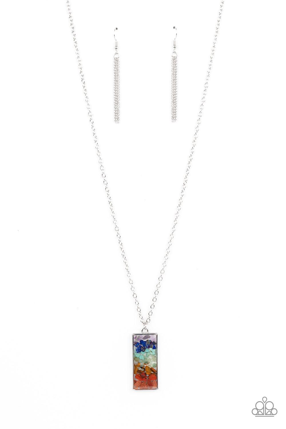 Paparazzi Accessories Retro Rock Collection - Multi Rows of multicolored pebbles are encased inside of a glassy rectangular frame, creating an iridescent pendant at the bottom of a lengthened silver chain. Features an adjustable clasp closure. Sold as one