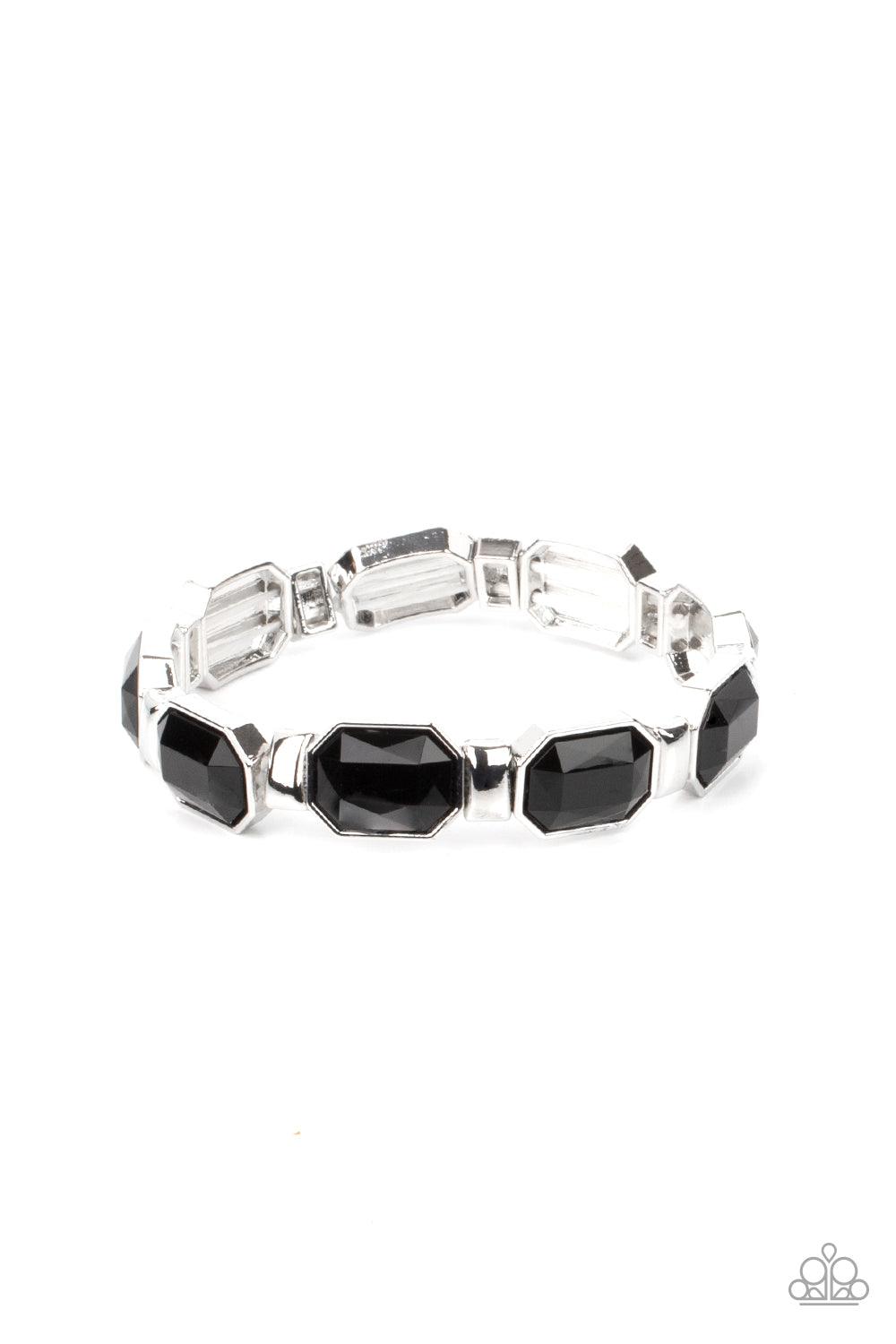 Paparazzi Accessories Fashion Fable - Black Encased in sleek silver fittings, faceted black beads join dainty silver rectangular frames along stretchy bands around the wrist for a dainty pop of color. Sold as one individual bracelet. Bracelets