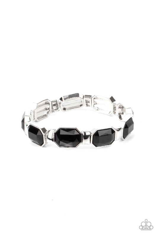 Paparazzi Accessories Fashion Fable - Black Encased in sleek silver fittings, faceted black beads join dainty silver rectangular frames along stretchy bands around the wrist for a dainty pop of color. Sold as one individual bracelet. Bracelets