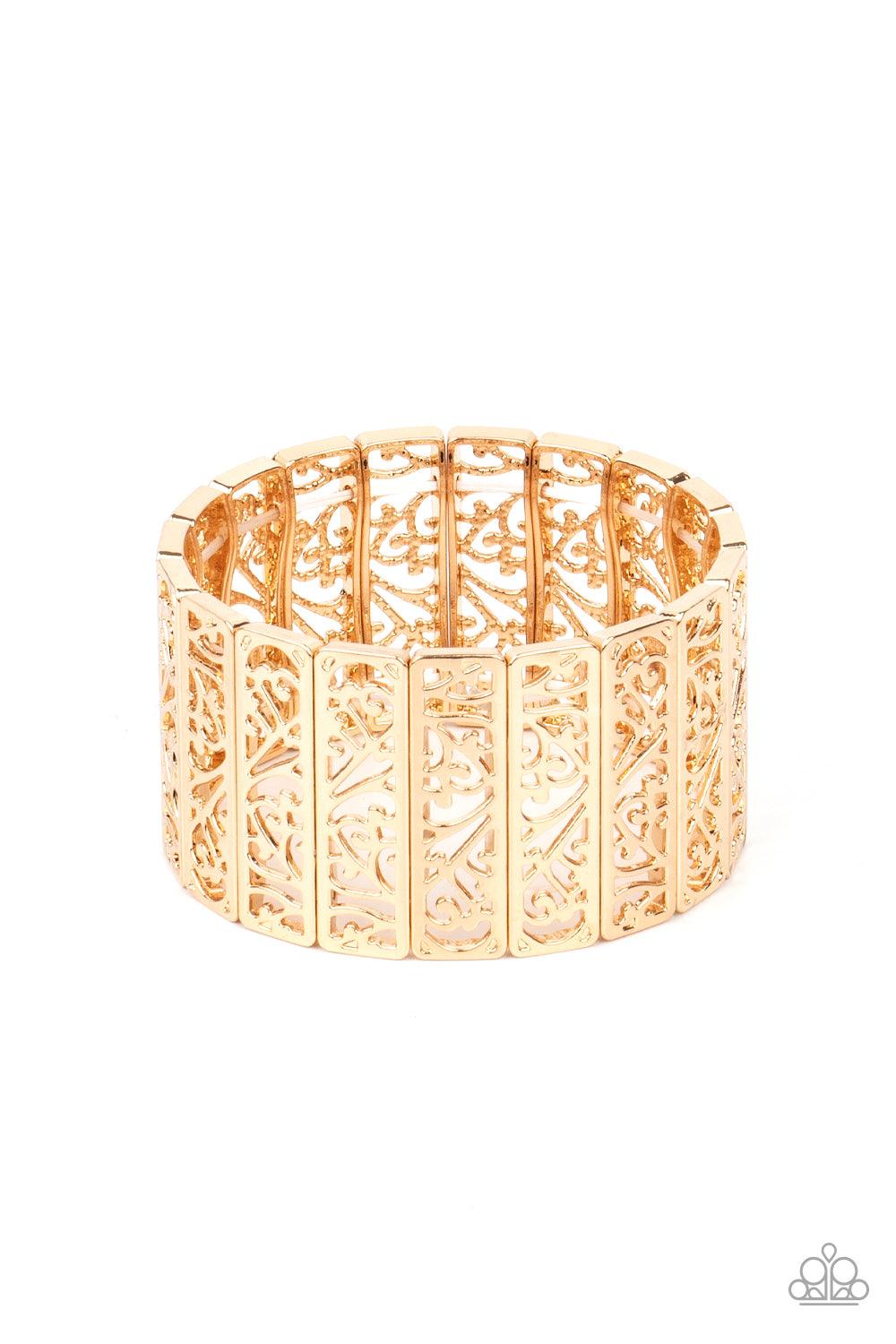 Paparazzi Accessories Ornate Orchards - Gold Filled with vine-like filigree centers, dainty gold rectangular frames are threaded along stretchy bands around the wrist for a seasonal inspired fashion. Sold as one individual bracelet. Jewelry