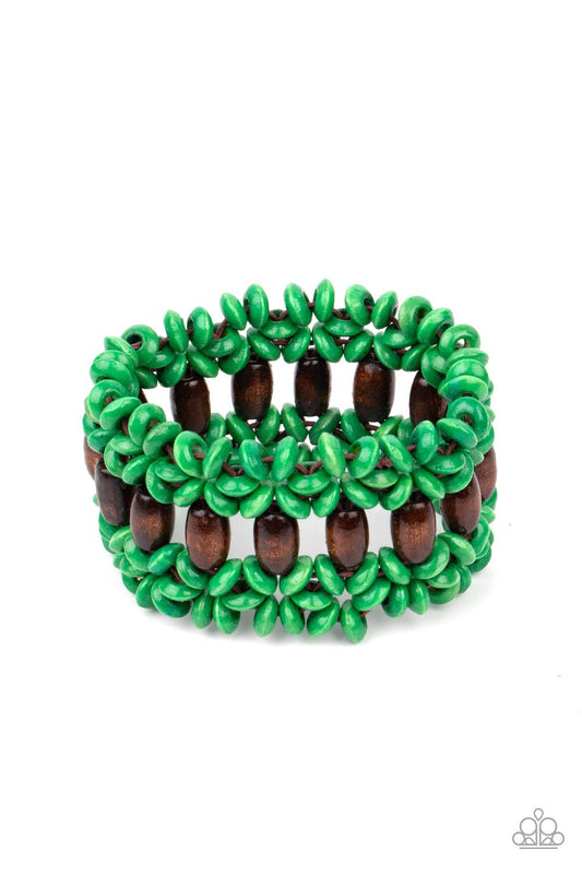 Paparazzi Accessories Bali Beach Retreat - Green Green wooden discs and brown wooden beads are threaded along braided stretchy bands around the wrist, creating a colorful tropical display. Sold as one individual bracelet. Bracelets