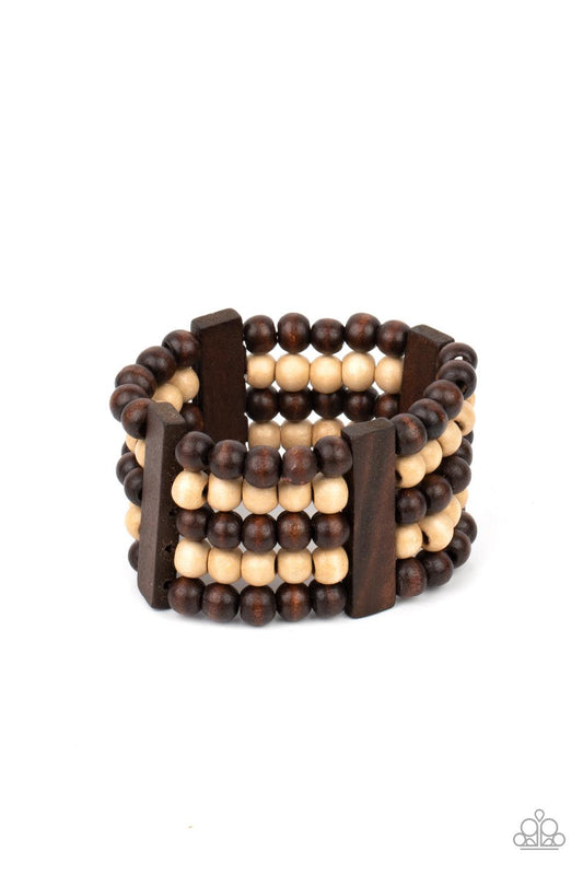 Paparazzi Accessories Caribbean Catwalk - Brown Held in place by rectangular wooden frames, strands of brown and white wooden beads are threaded along stretchy bands around the wrist for a colorfully tropical look. Sold as one individual bracelet. Jewelry