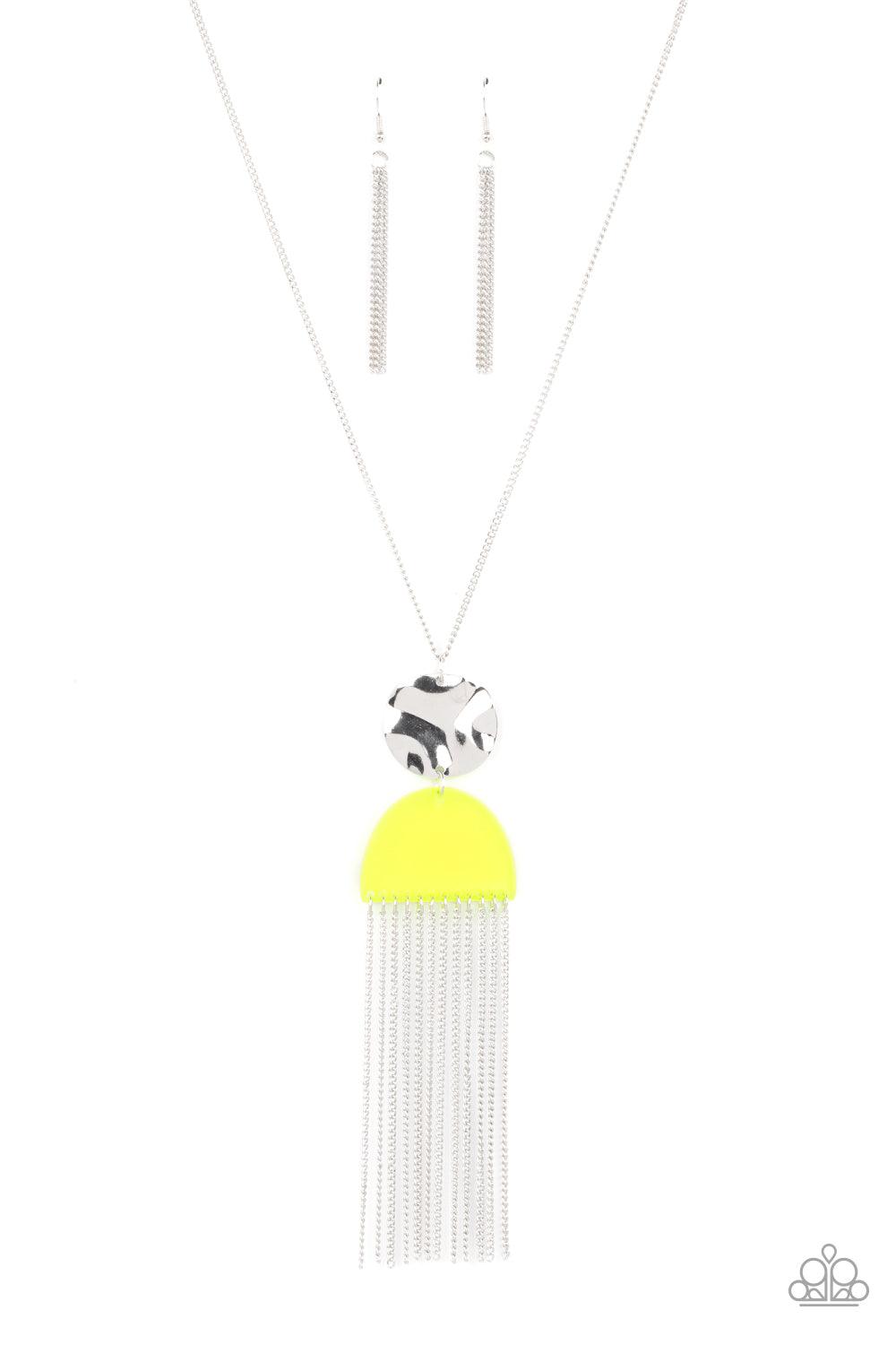 Paparazzi Accessories Color Me Neon - Yellow A hammered silver disc connects to a neon yellow half moon acrylic frame at the bottom of a lengthened silver chain. A curtain of shimmery chains stream from the bottom of the stacked pendant, adding flirtatiou