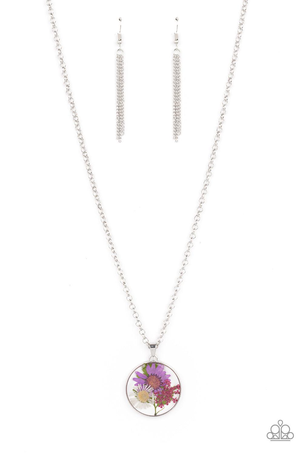 Paparazzi Accessories Evergreen Eden - Multi A leafy collection of colorful wildflowers is encased inside a glassy frame, creating a whimsical pendant at the bottom of the lengthened silver chain. Features an adjustable clasp closure. Sold as one individu