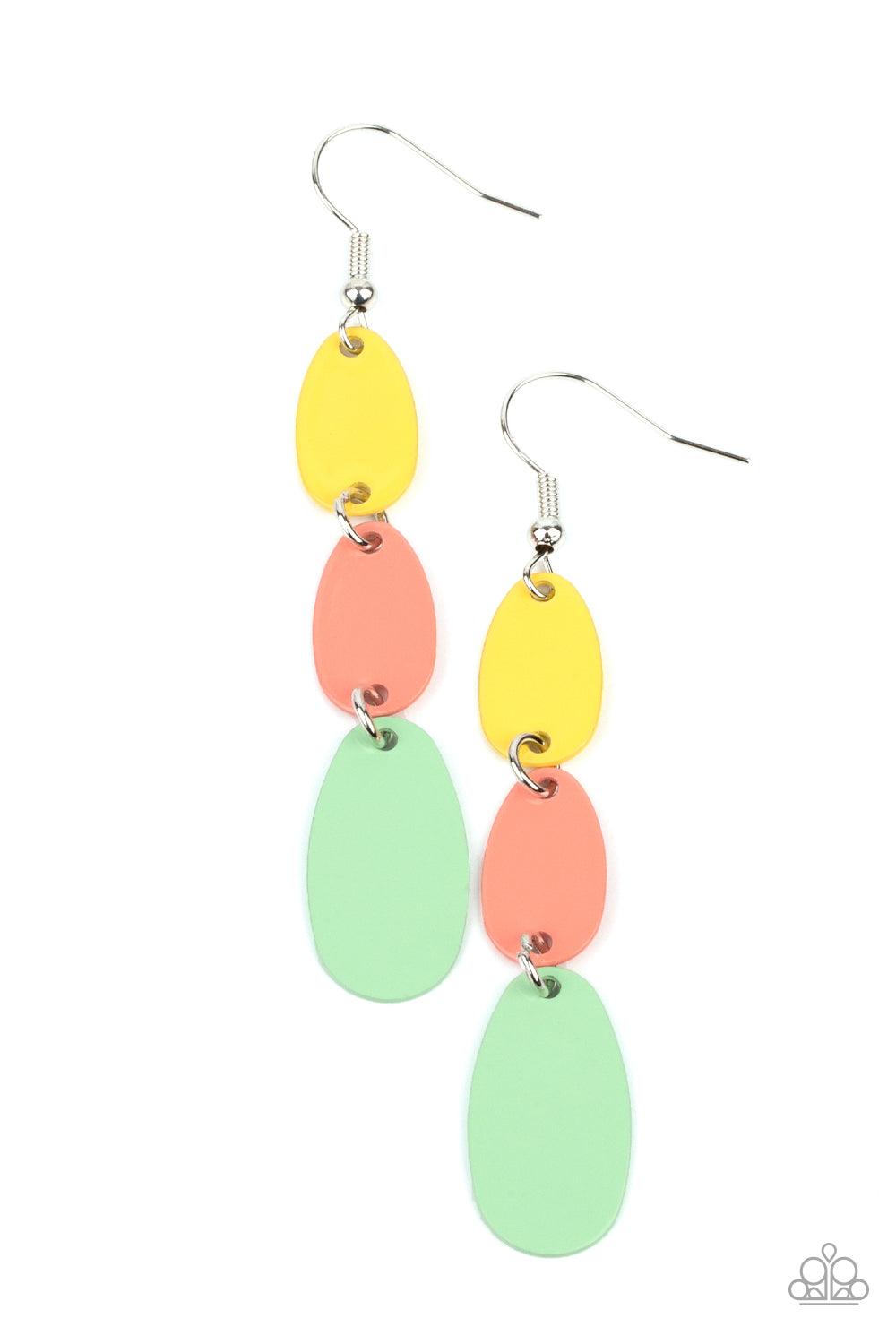 Paparazzi Accessories Rainbow Drops - Multi Painted in shiny Illuminating, Burnt Coral, and Green Ash finishes, lengthened oval frames drip from the ear, linking into a colorful lure. Earring attaches to a standard fishhook fitting. Sold as one pair of ea