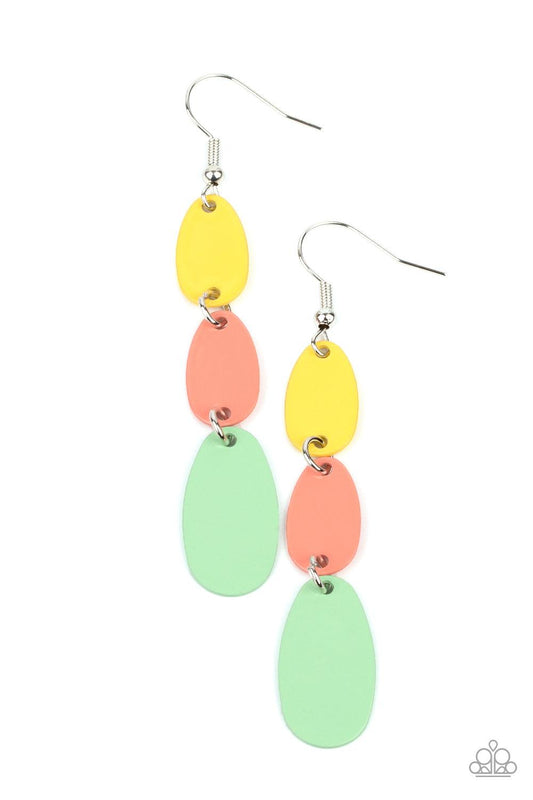 Paparazzi Accessories Rainbow Drops - Multi Painted in shiny Illuminating, Burnt Coral, and Green Ash finishes, lengthened oval frames drip from the ear, linking into a colorful lure. Earring attaches to a standard fishhook fitting. Sold as one pair of ea