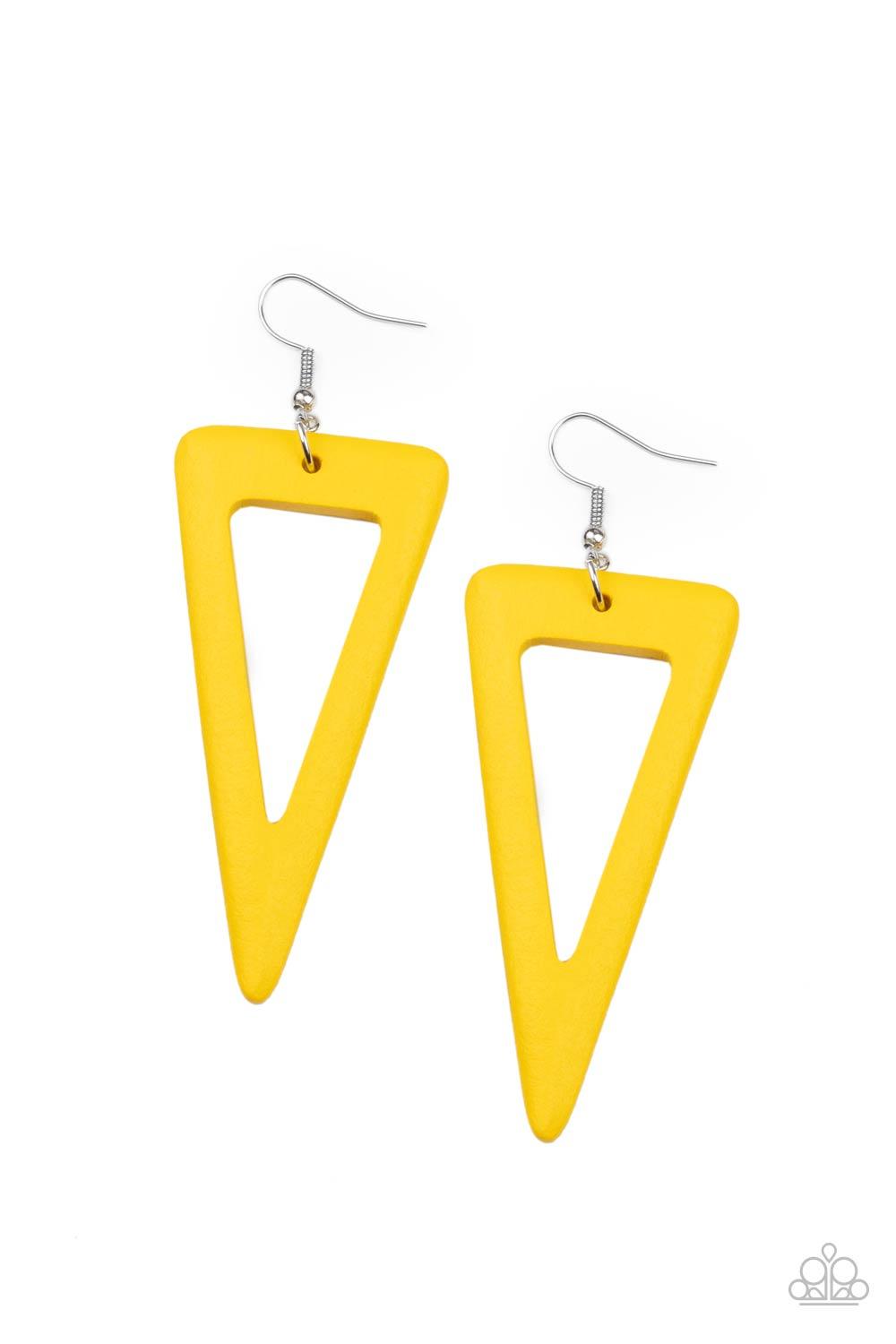 Paparazzi Accessories Bermuda Backpacker - Yellow Painted in a bright yellow finish, a sharp triangular wooden frame swings from the ear for a fiercely earthy look. Earring attaches to a standard fishhook fitting. Sold as one pair of earrings. Earrings