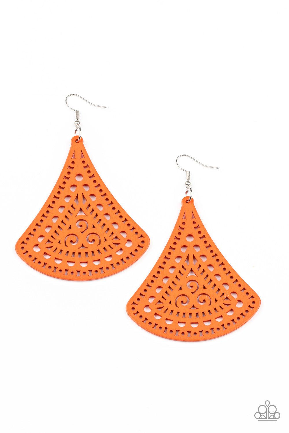 Paparazzi Accessories FAN to FAN - Orange Painted in a vivacious orange finish, a triangular wooden frame is cutout in an airy stenciled pattern for a whimsical look. Earring attaches to a standard fishhook fitting. Sold as one pair of earrings. Jewelry