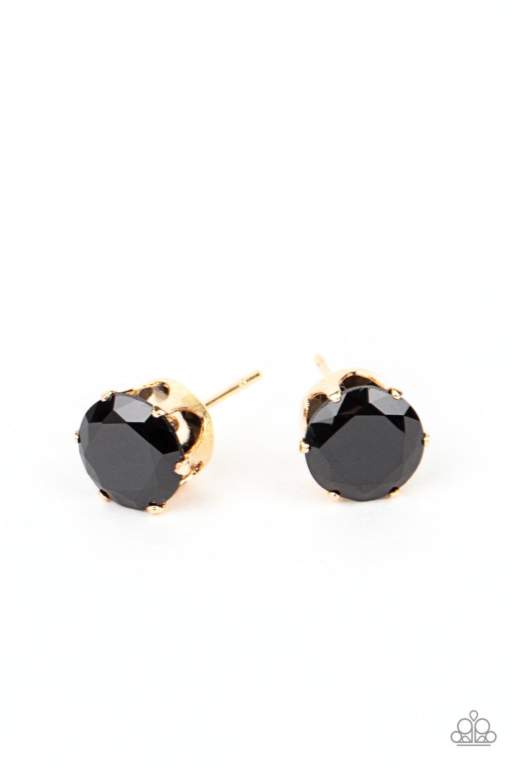 Paparazzi Accessories Modest Motivation - Gold An oversized black rhinestone is nestled inside a pronged gold fitting, creating a timeless statement piece. Earring attaches to a standard post fitting. Sold as one pair of post earrings. Jewelry