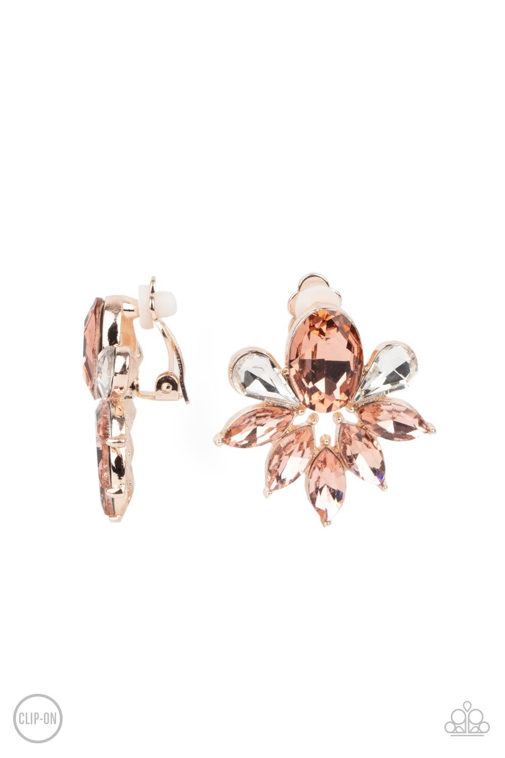 Paparazzi Accessories Fearless Finesse - Rose Gold *Clip-On A glassy collection of white teardrop and rose gold marquise cut rhinestones fan out from the bottom of an oval rose gold gem, creating a majestic centerpiece. Earring attaches to a standard clip